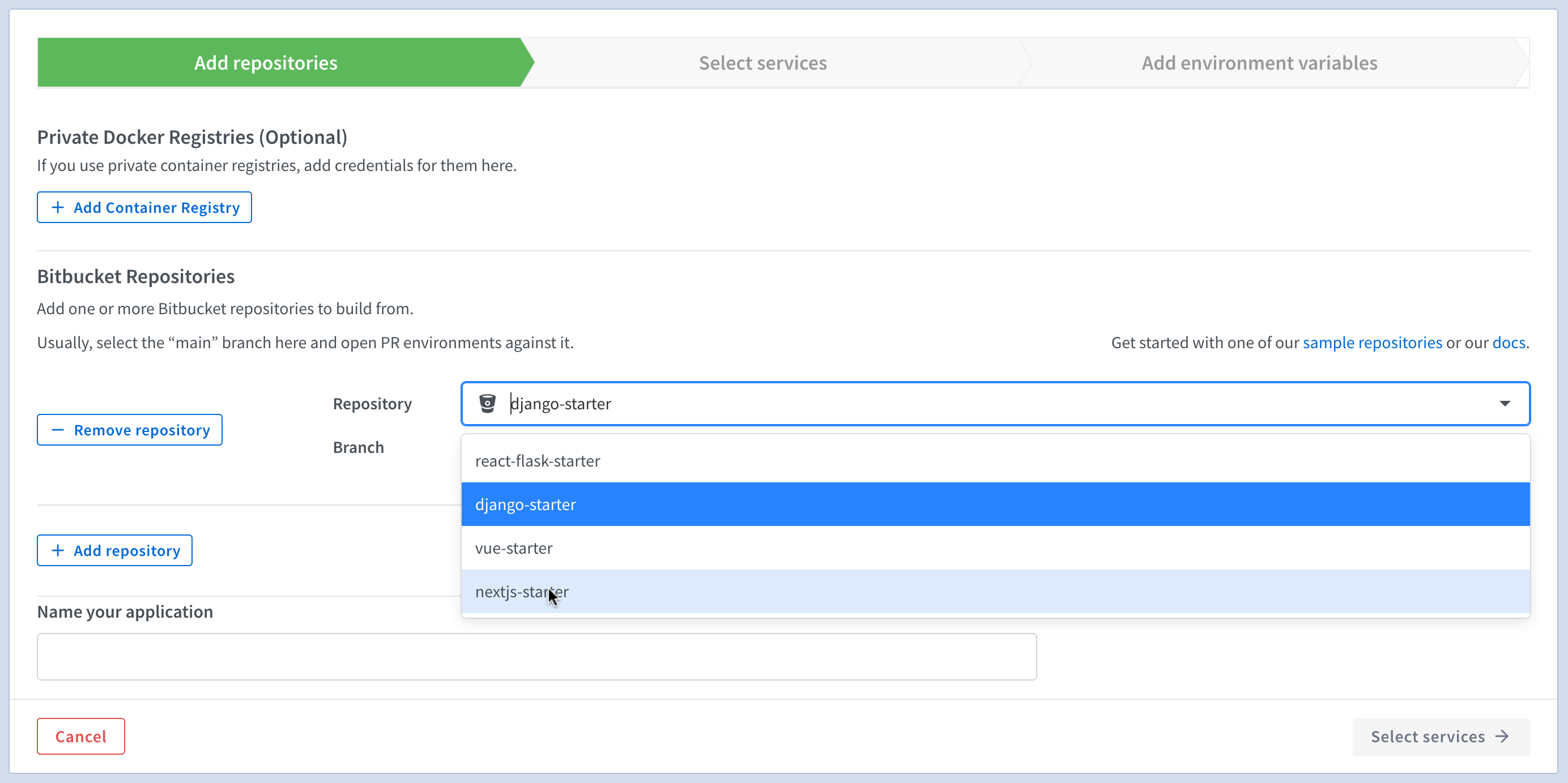 Select Bitbucket repositories in Shipyard Create Application page